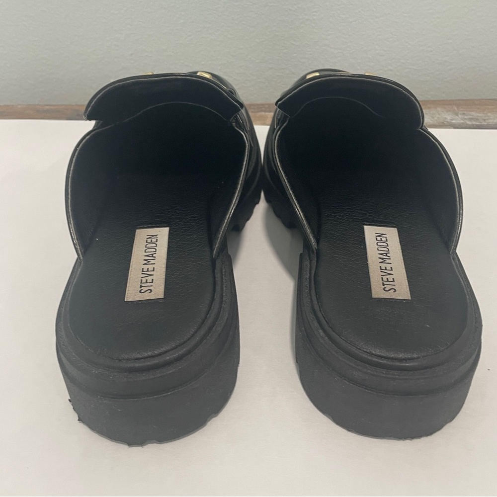STEVE MADDEN Missk Black Patent Leather Chunky Lug Platform Mule Loafers (7) - Picture 12 of 15